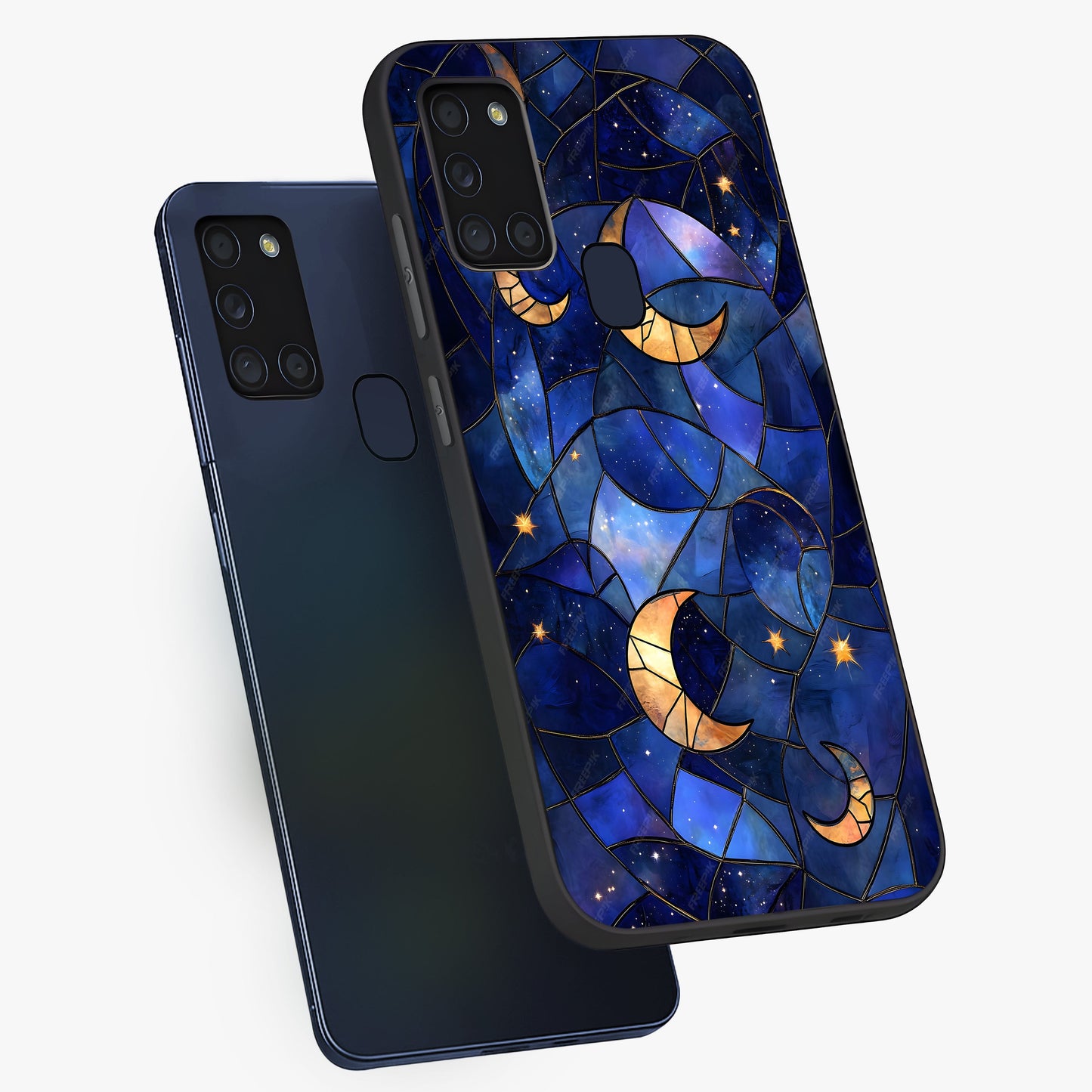 Starlit Sky Tapestry Glass Case displayed in angled mockup highlighting celestial night pattern with artistic aesthetic style.