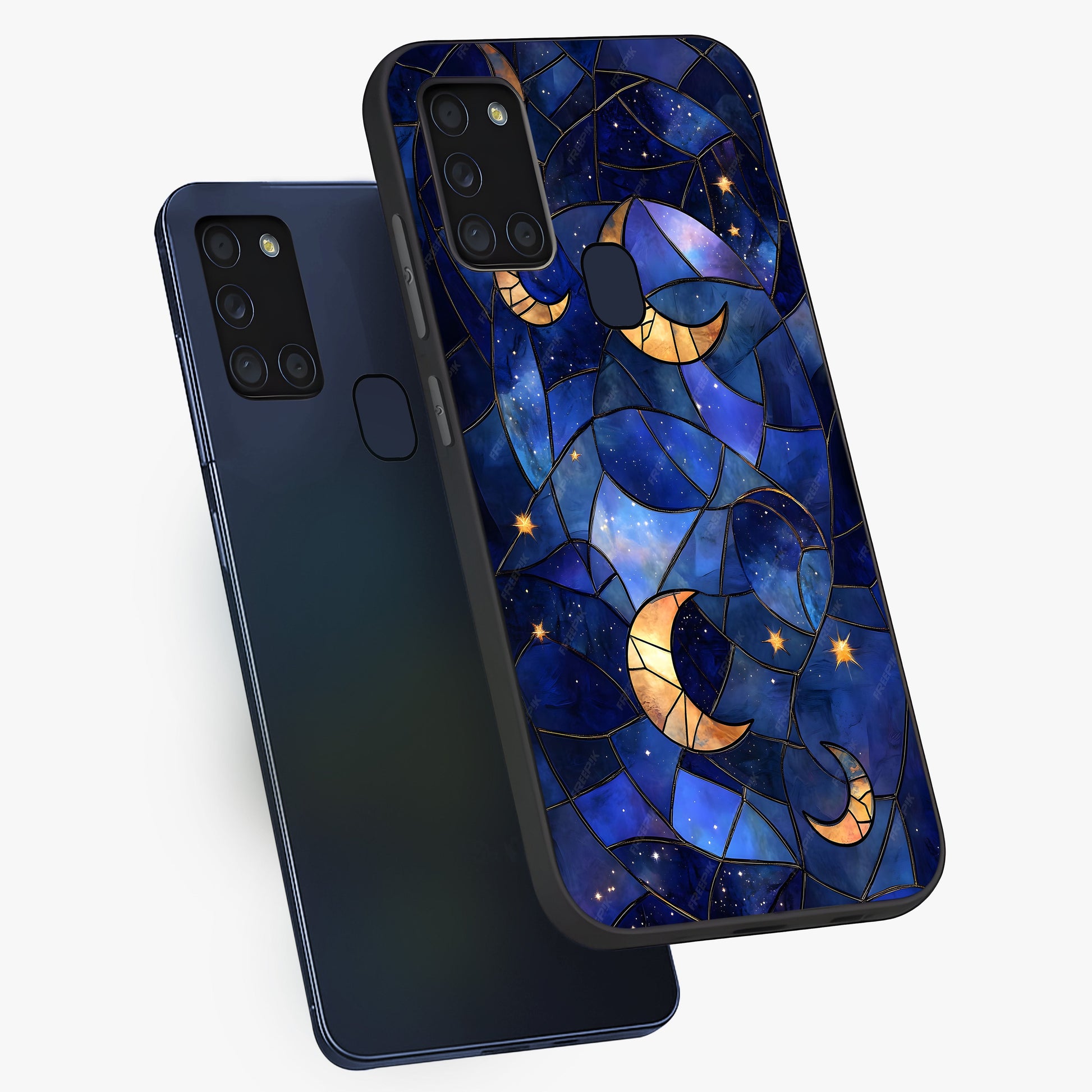 Starlit Sky Tapestry Glass Case displayed in angled mockup highlighting celestial night pattern with artistic aesthetic style.