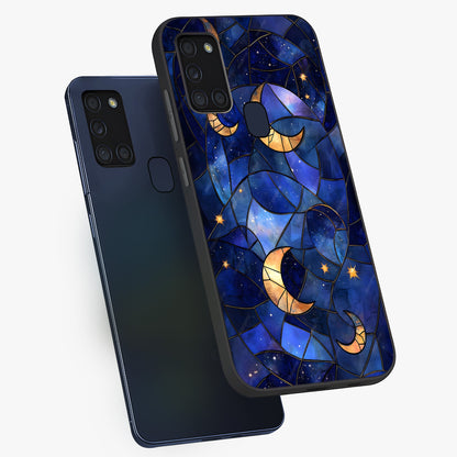 Starlit Sky Tapestry Glass Case displayed in angled mockup highlighting celestial night pattern with artistic aesthetic style.
