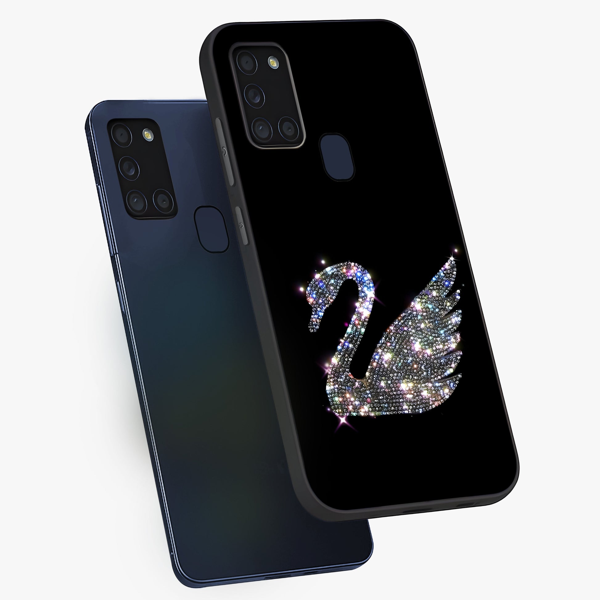Starlit Swan Grace Glass Case displayed in angled mockup highlighting elegant swan illustration with dreamy celestial aesthetic.