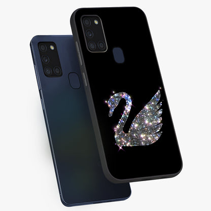 Starlit Swan Grace Glass Case displayed in angled mockup highlighting elegant swan illustration with dreamy celestial aesthetic.