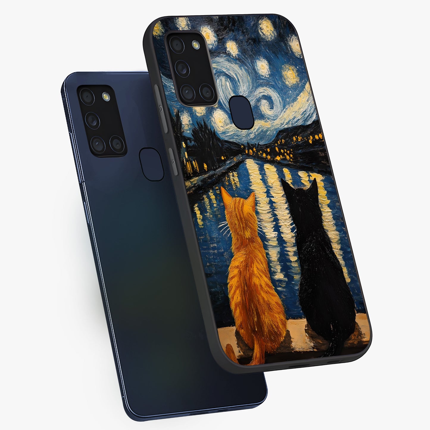 Starry River Cats Glass Case displayed in angled mockup highlighting charming feline illustration with dreamy night aesthetic.