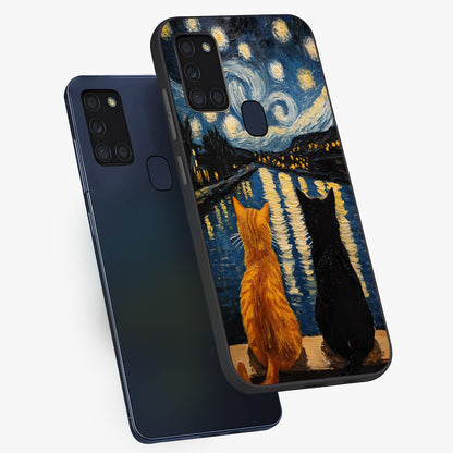 Starry River Cats Glass Case displayed in angled mockup highlighting charming feline illustration with dreamy night aesthetic.