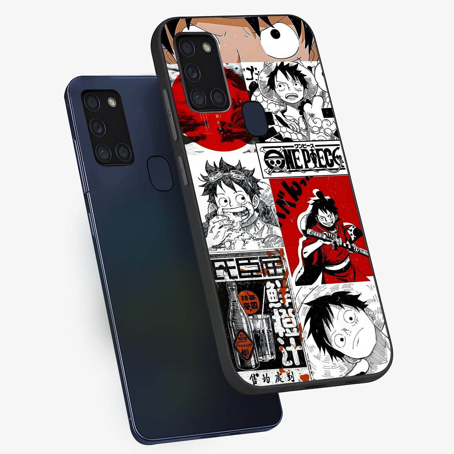 Strawhat Chaos Panels Glass Case displayed in angled mockup highlighting vibrant anime collage design with action aesthetic.