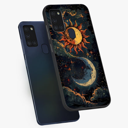 Sun And Moon Magic Design Glass Case displayed in angled mockup highlighting celestial design with magical cosmic aesthetic.