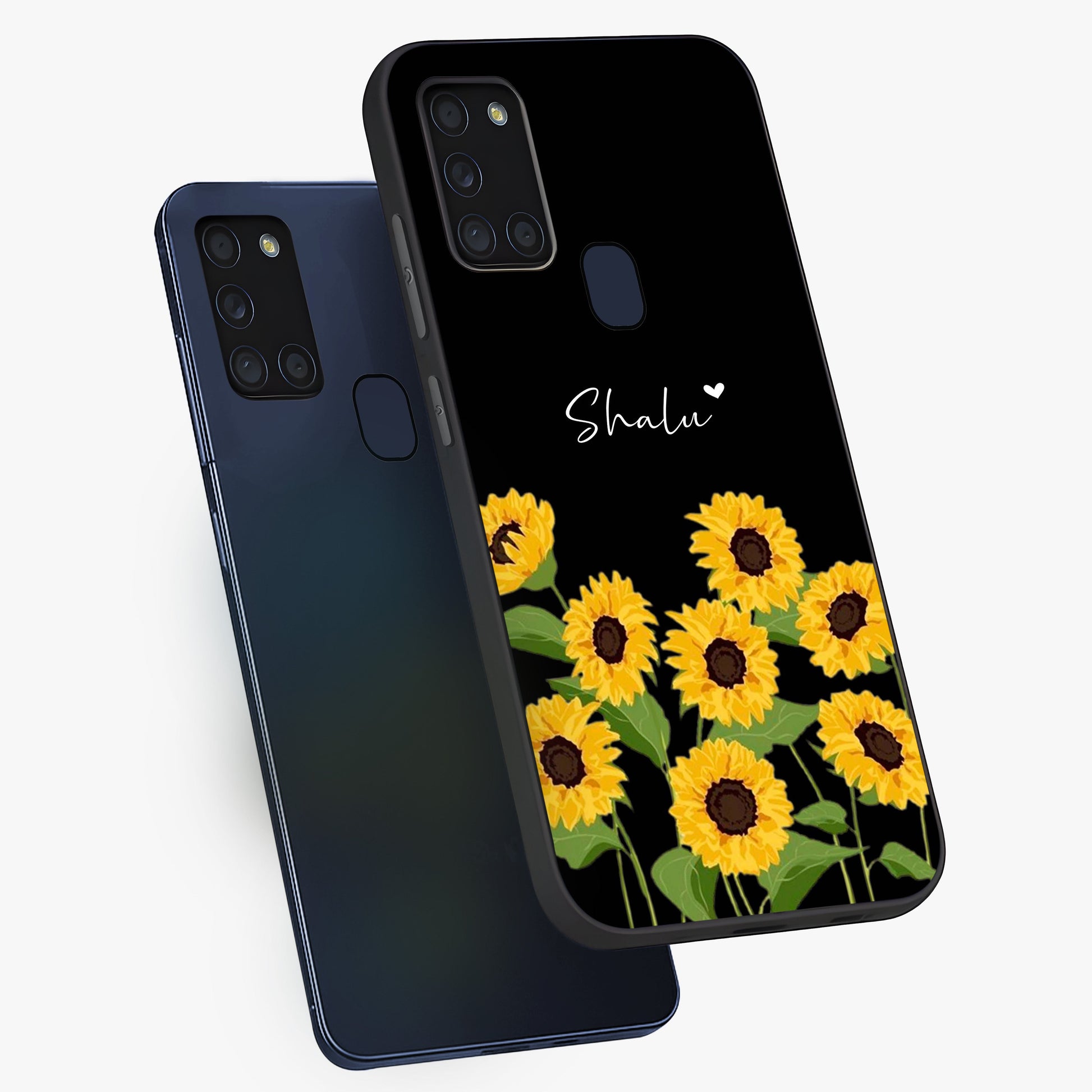 Sunflower Chic Mood Custom Name Glass Case displayed in angled mockup highlighting vibrant sunflower design with custom name feature.