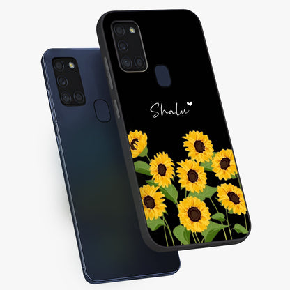 Sunflower Chic Mood Custom Name Glass Case displayed in angled mockup highlighting vibrant sunflower design with custom name feature.