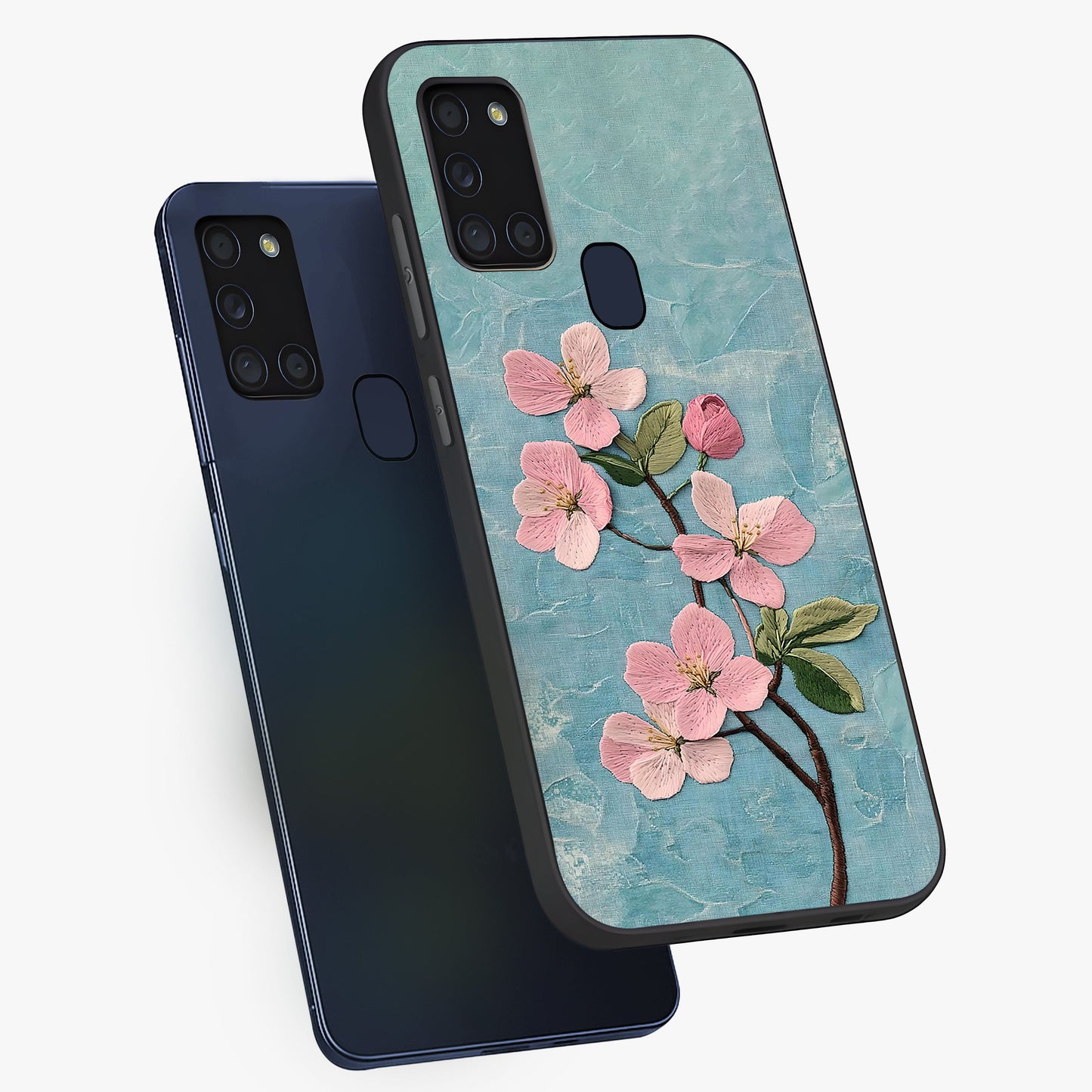 Threaded Blossom Breeze Glass Case displayed in angled mockup highlighting elegant floral design with soft aesthetic style.