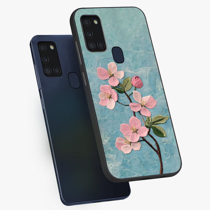 Threaded Blossom Breeze Glass Case displayed in angled mockup highlighting elegant floral design with soft aesthetic style.