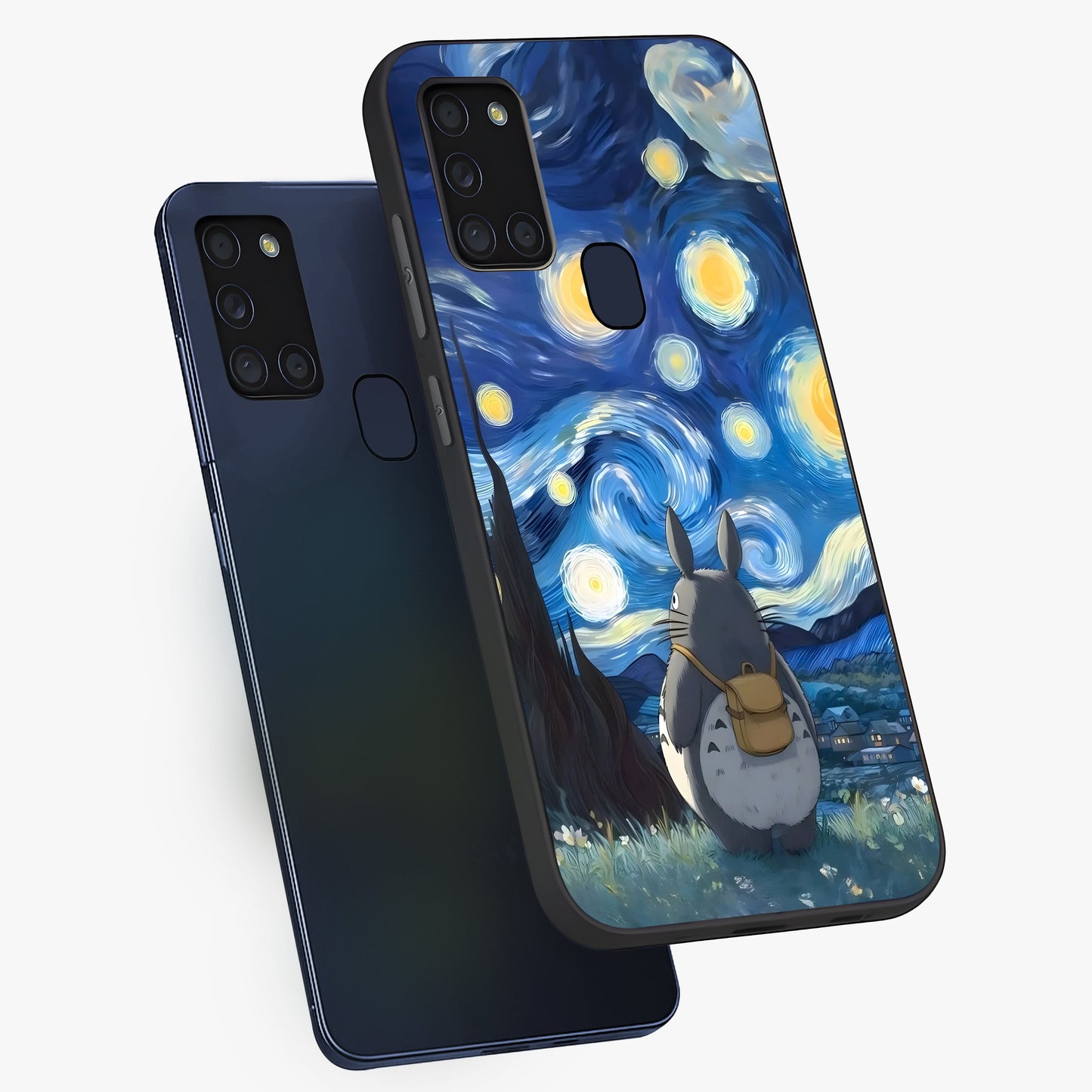 Totoro In Van Gogh Art Glass Case displayed in angled mockup highlighting artistic swirling sky design with playful animation aesthetic.