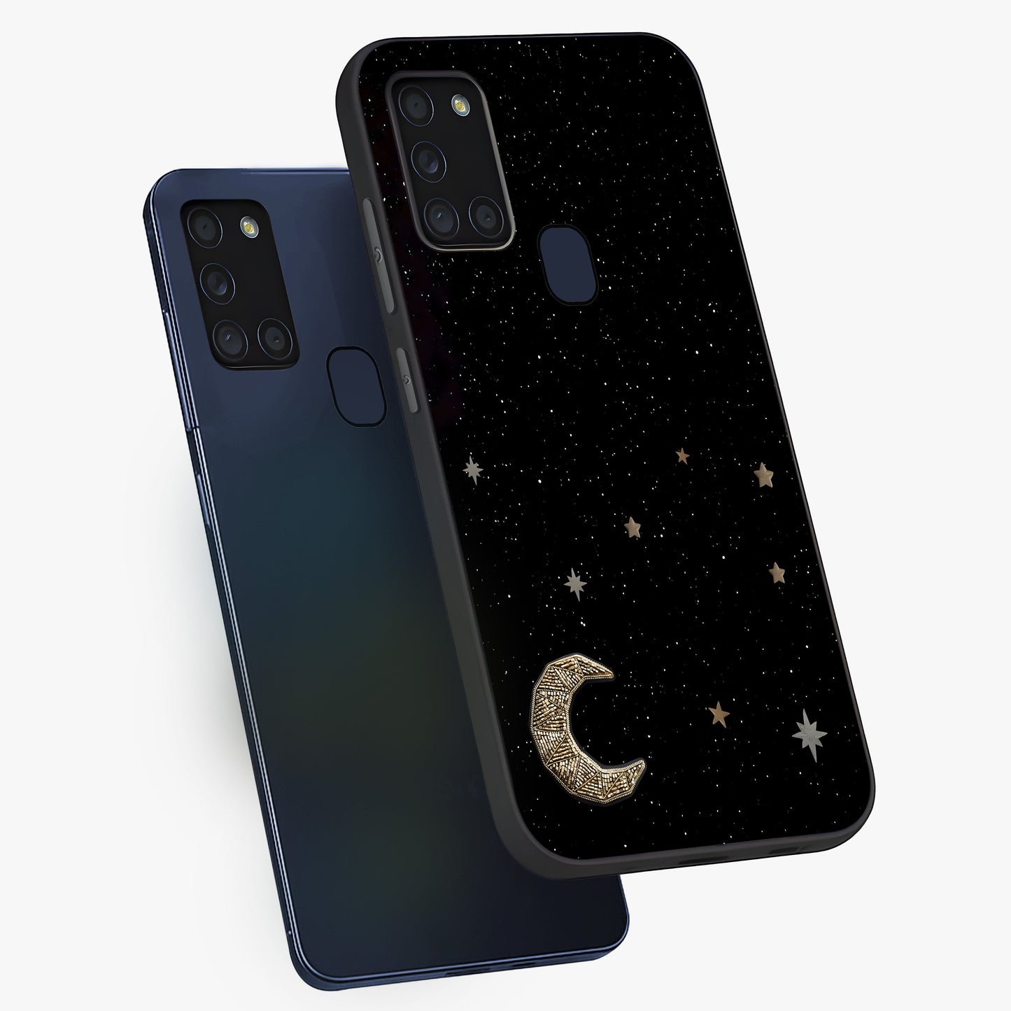 Twinkle Star With Half Moon Glass Case displayed in angled mockup highlighting celestial moon and star design with magical aesthetic.