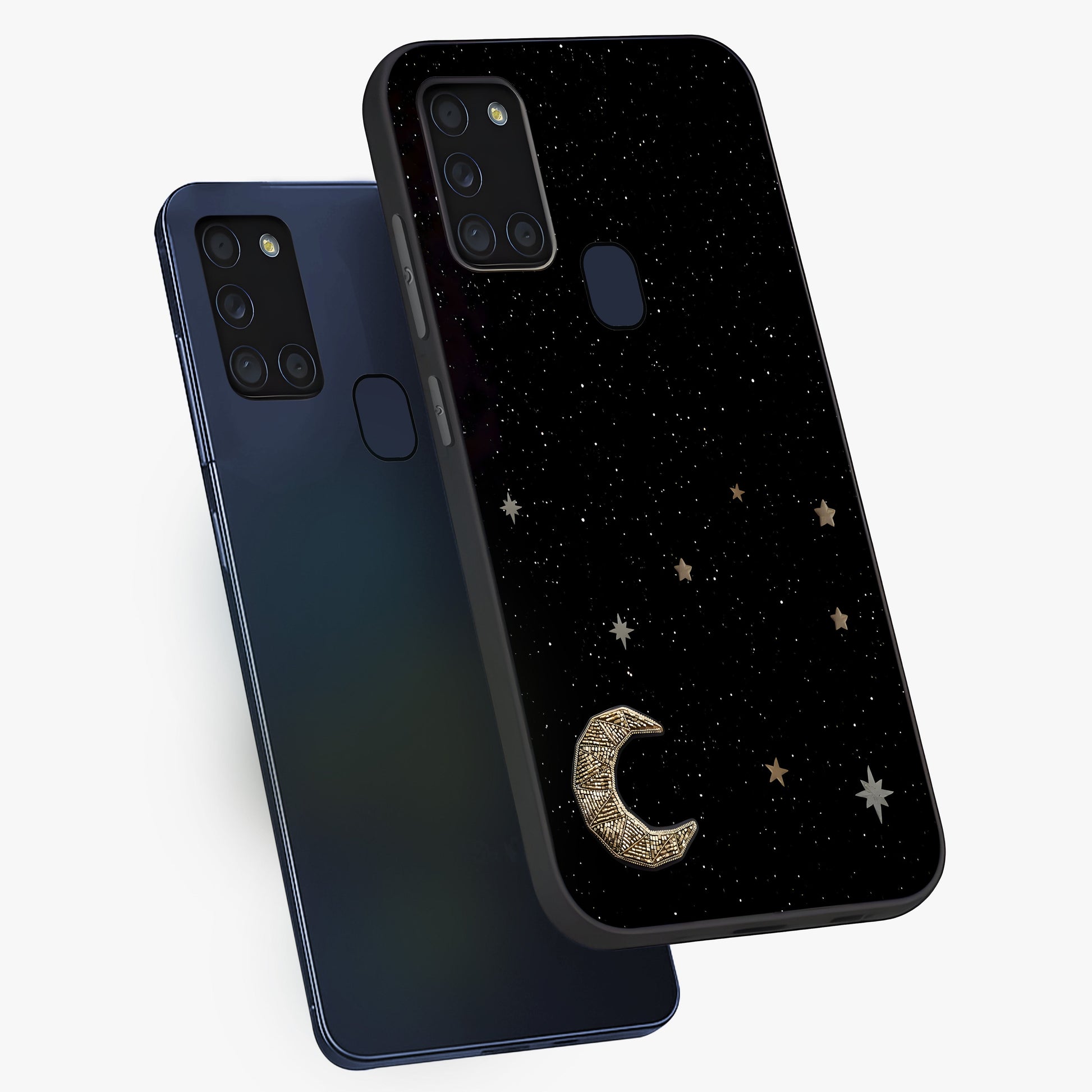 Twinkle Star With Half Moon Glass Case displayed in angled mockup highlighting celestial moon and star design with magical aesthetic.