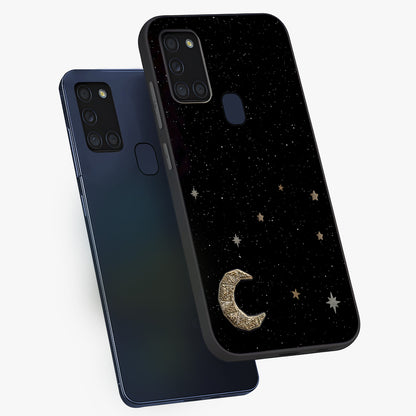 Twinkle Star With Half Moon Glass Case displayed in angled mockup highlighting celestial moon and star design with magical aesthetic.