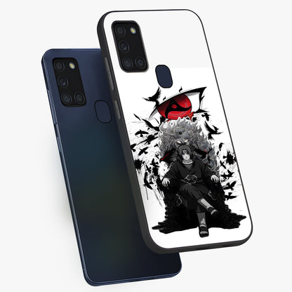 Uchiha Shadow Throne Glass Case displayed in angled mockup highlighting glowing aquatic design with celestial aesthetic.