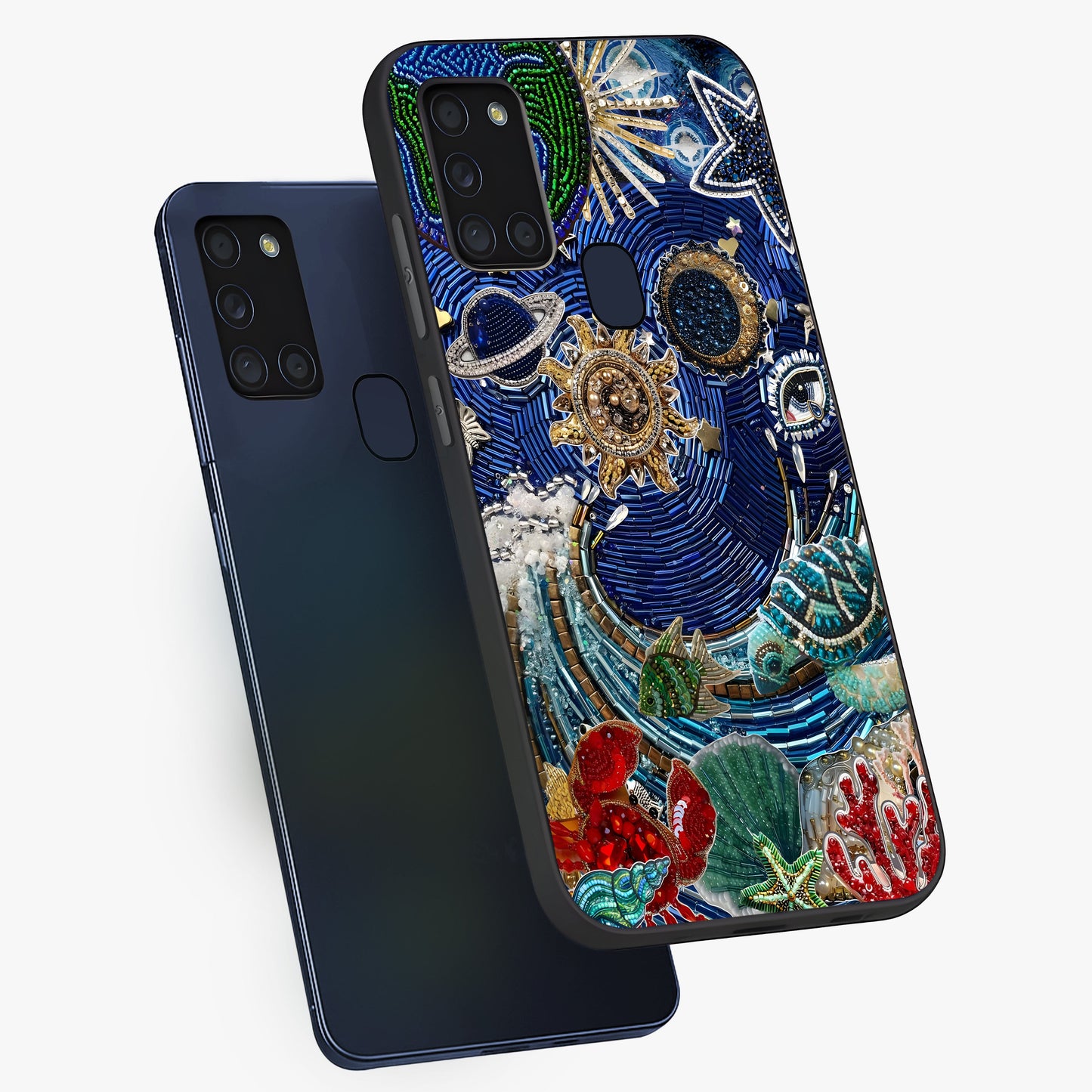 Universe Underwater Spark Glass Case displayed in angled mockup highlighting glowing aquatic design with celestial aesthetic.