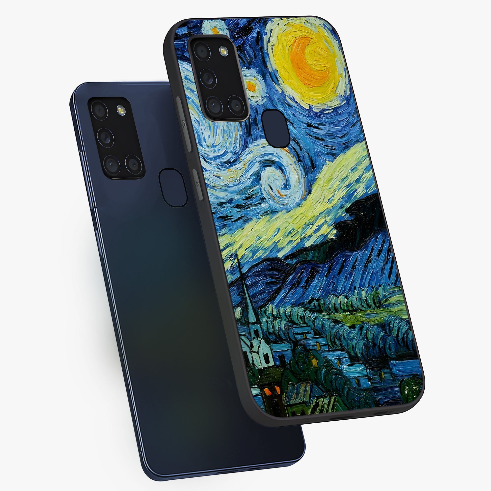 Van Gogh Art Glass Case displayed in angled mockup highlighting swirling brushstroke design with artistic aesthetic.