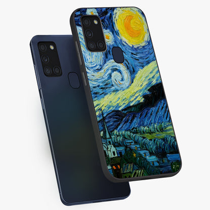 Van Gogh Art Glass Case displayed in angled mockup highlighting swirling brushstroke design with artistic aesthetic.