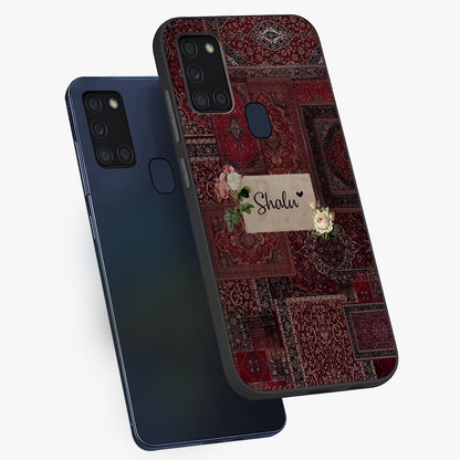 Velvet Wine Pattern Custom Name Glass Case displayed in angled mockup highlighting decorative velvet inspired design with custom name feature.