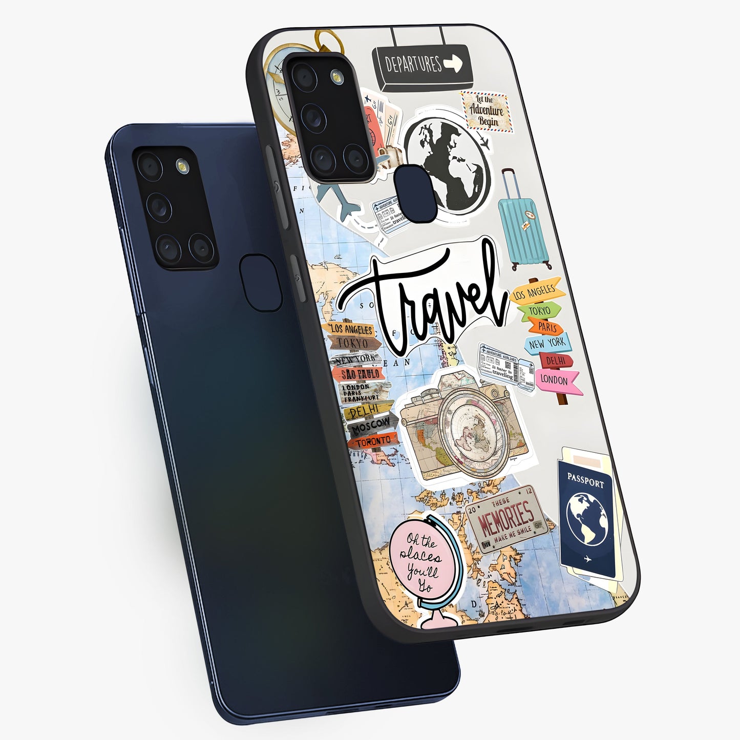Wanderlust Journal Glass Case displayed in angled mockup highlighting adventure themed design with aesthetic travel vibe.
