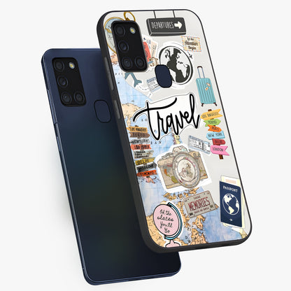 Wanderlust Journal Glass Case displayed in angled mockup highlighting adventure themed design with aesthetic travel vibe.