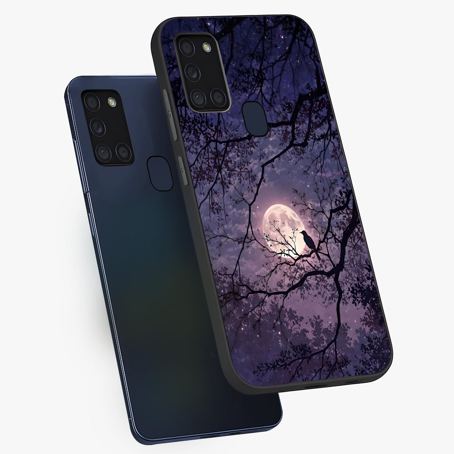Whispering Moon Silence Glass Case displayed in angled mockup highlighting calm lunar design with dreamy night aesthetic.