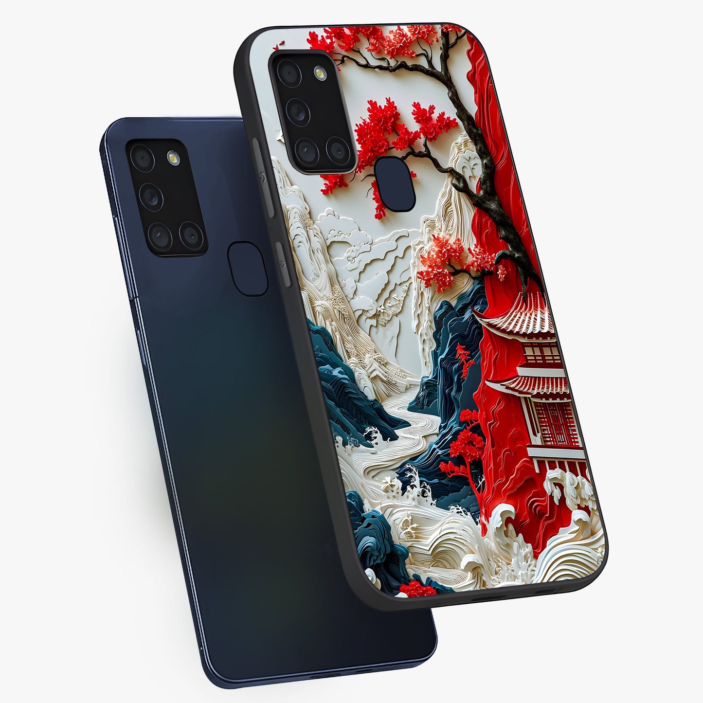 Whispers Of Sakura Waves Glass Case displayed in angled mockup highlighting flowing sakura design with soft floral aesthetic.