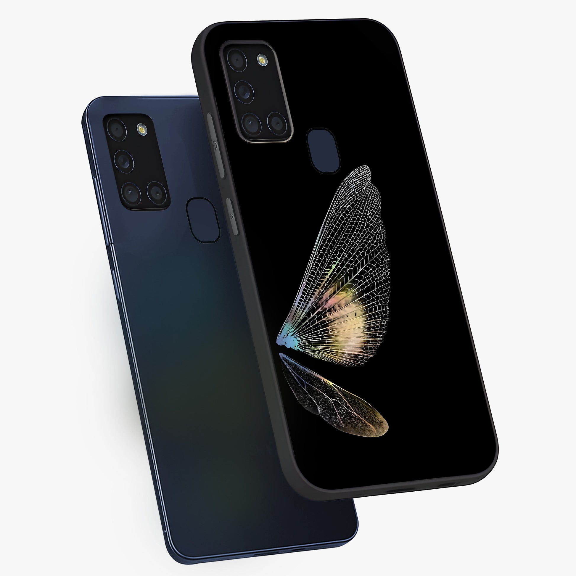 Whispers Of Wings Glass Case displayed in angled mockup highlighting soft feather design with celestial aesthetic style.