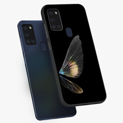 Whispers Of Wings Glass Case displayed in angled mockup highlighting soft feather design with celestial aesthetic style.