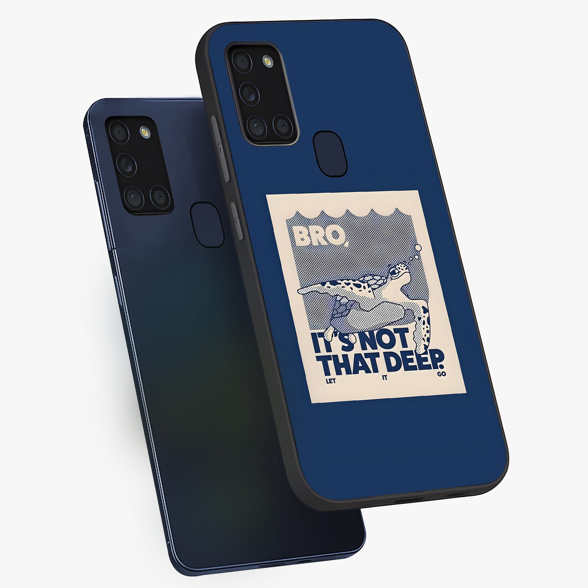 Worry Less Swim Glass Case displayed in angled mockup highlighting fun typography design with relaxed aesthetic style.