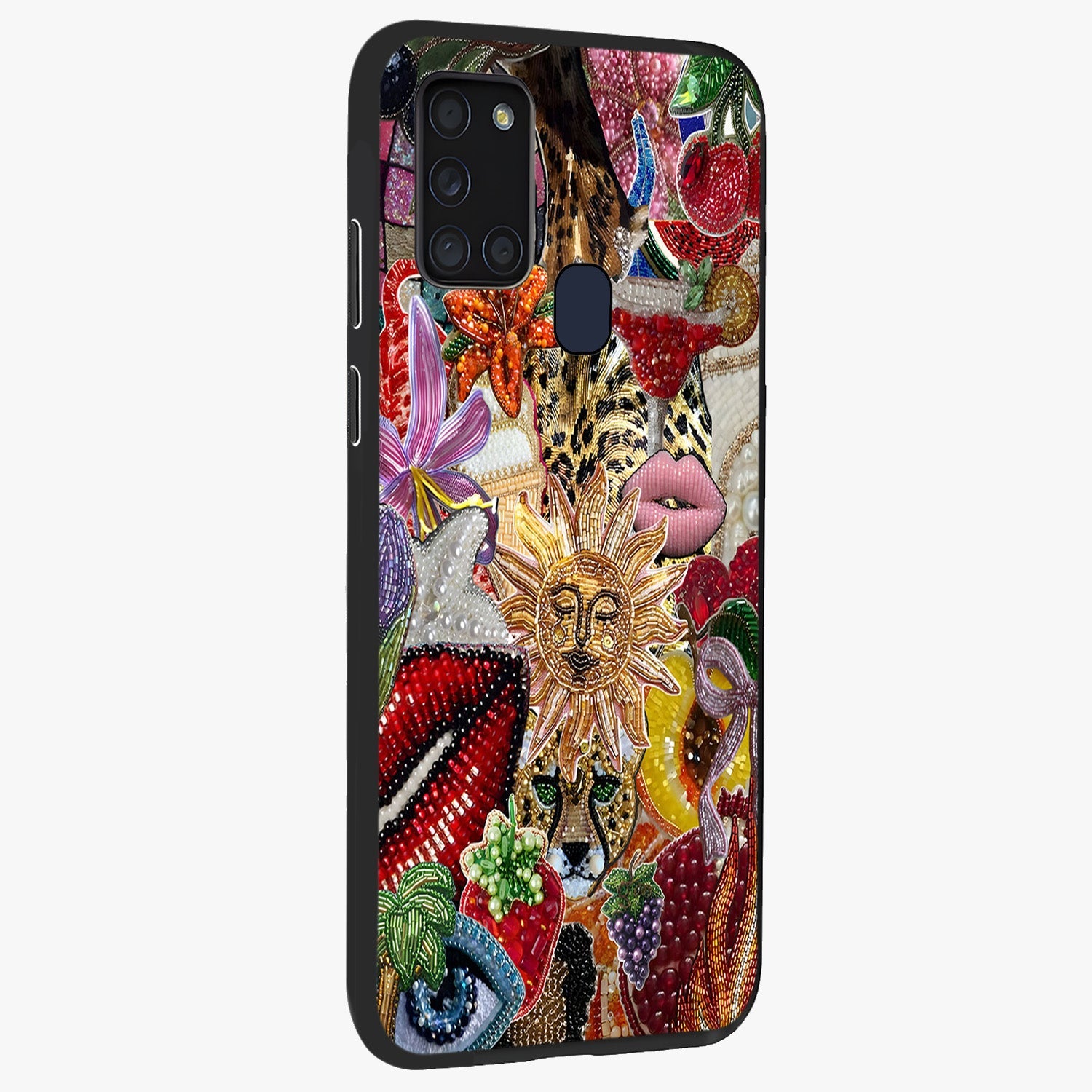 Beaded Fashion Jungle Glass Case upright view showcasing tropical jungle aesthetic with decorative bead elements.