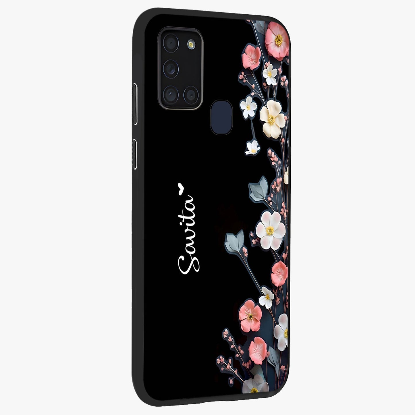 Black Elegance Floral Custom Name Glass Case upright view showcasing luxurious black floral design with personalized name detail.