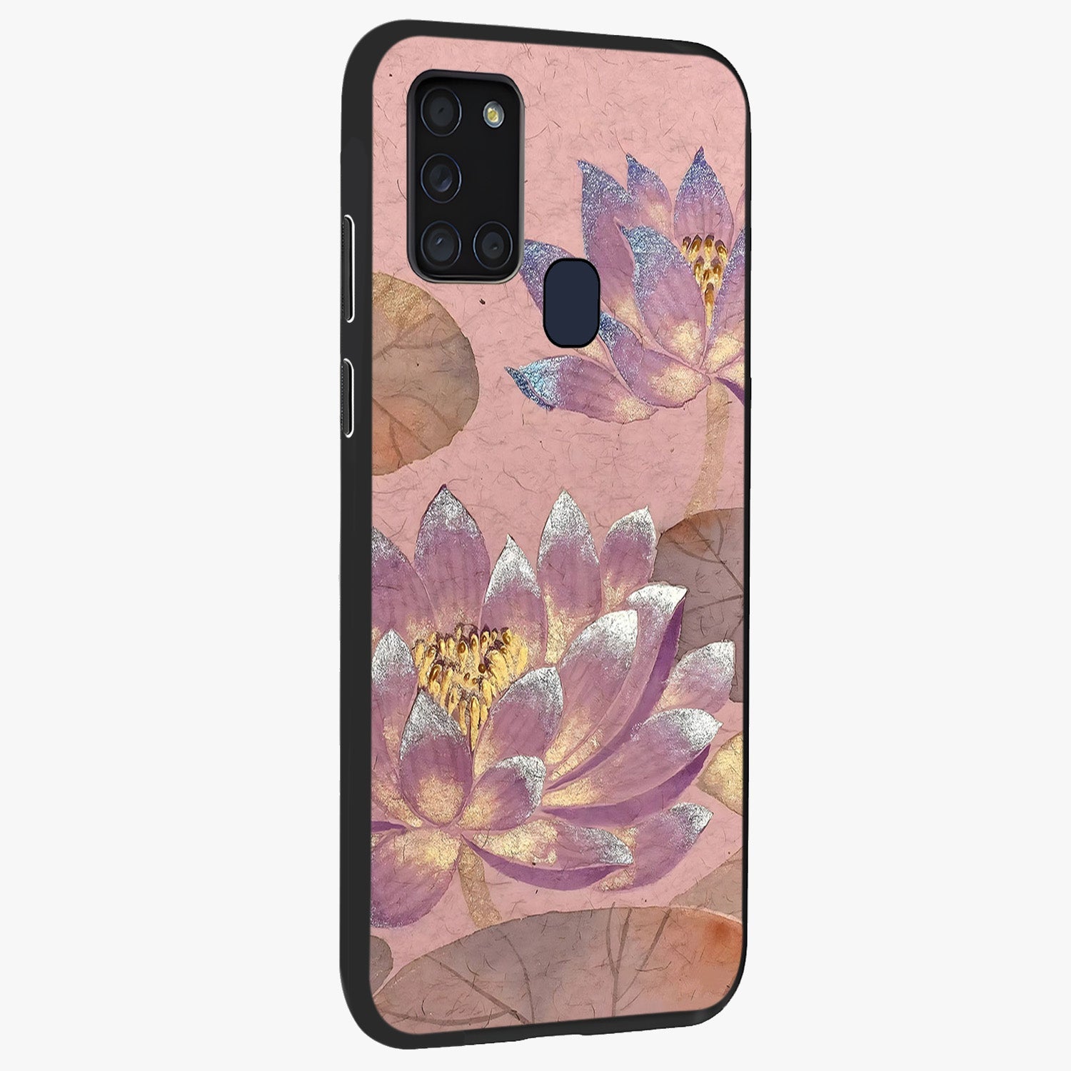Blossom Mist Lotus Glass Case upright view showcasing graceful lotus flower design with peaceful botanical style.