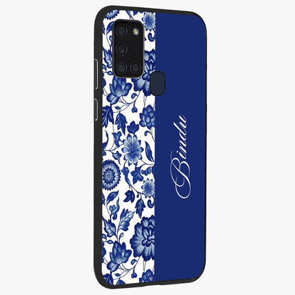 Blue Vintage Floral Pattern Glass Case upright view showcasing delicate blush floral texture with modern minimal style.