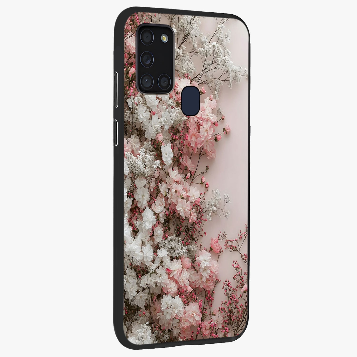 Blush Blossom Cloud Glass Case upright view showcasing calm floral cloud artwork with gentle dreamy theme.