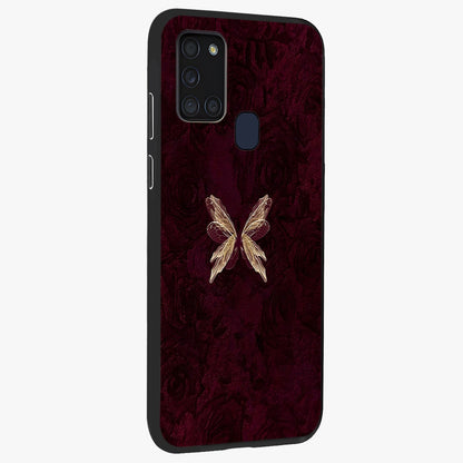 Crimson Fade Butterfly Glass Case upright view showcasing graceful butterfly artwork with soft crimson fade effect.
