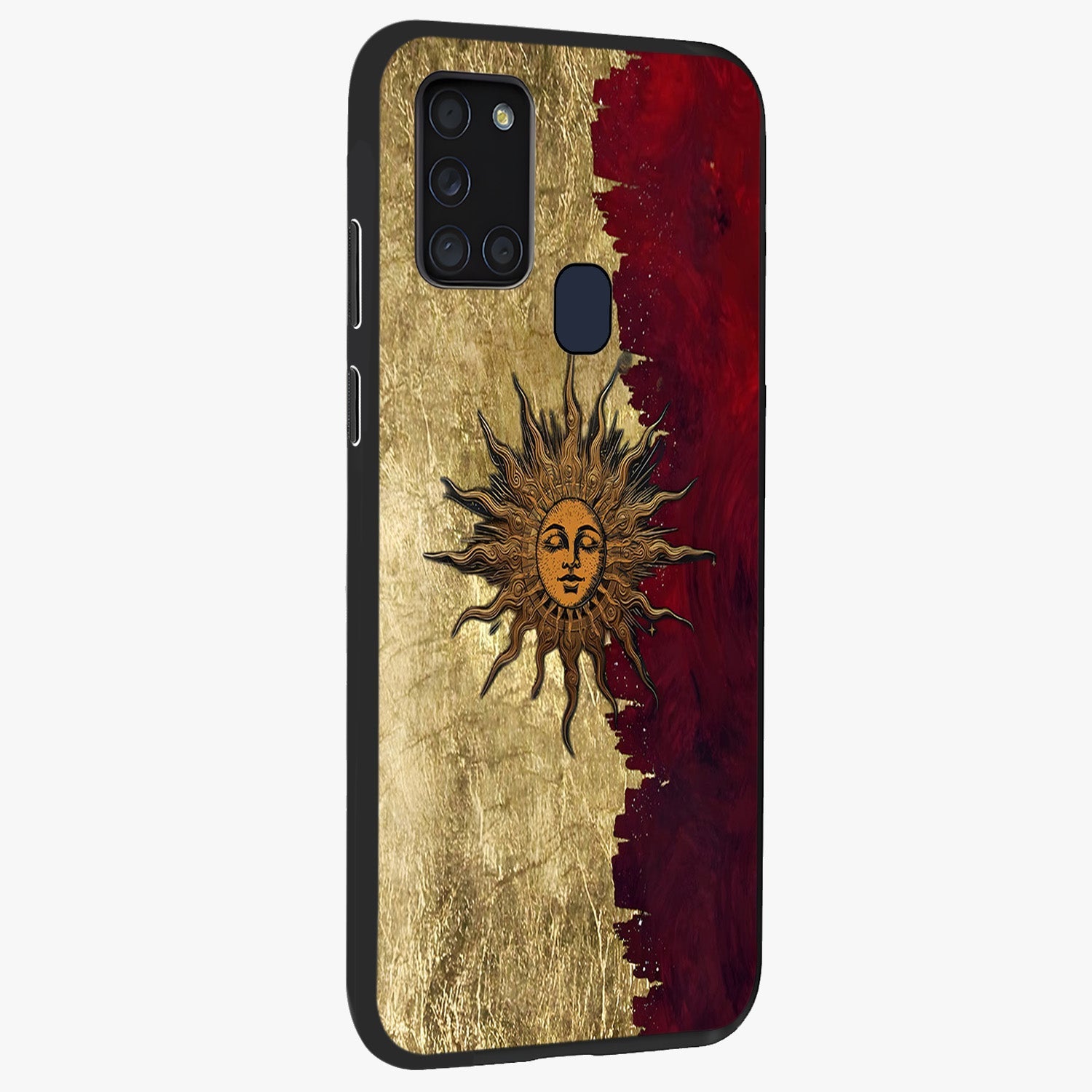 Crimson Sun Majesty Glass Case upright view showcasing vibrant sun artwork with powerful celestial theme.