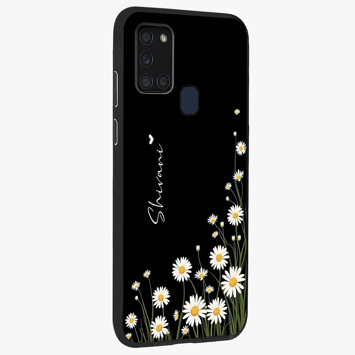 Daisy Cascade Custom Name Glass Case upright view showcasing elegant floral cascade design with personalized aesthetic.