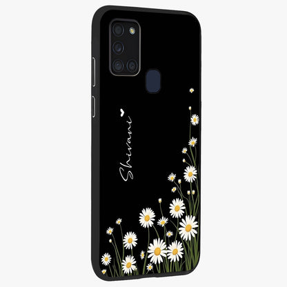 Daisy Cascade Custom Name Glass Case upright view showcasing elegant floral cascade design with personalized aesthetic.