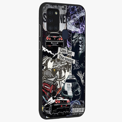 Die Young Glass Case upright view showcasing striking typography artwork with modern statement theme.
