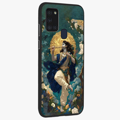 Divine Krishna Art Glass Case upright view showcasing divine Krishna artwork with sacred artistic theme.