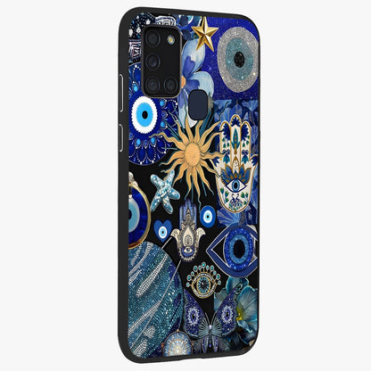 Evil Eye Charm Mix Glass Case upright view showcasing mystical evil eye pattern with vibrant decorative style.
