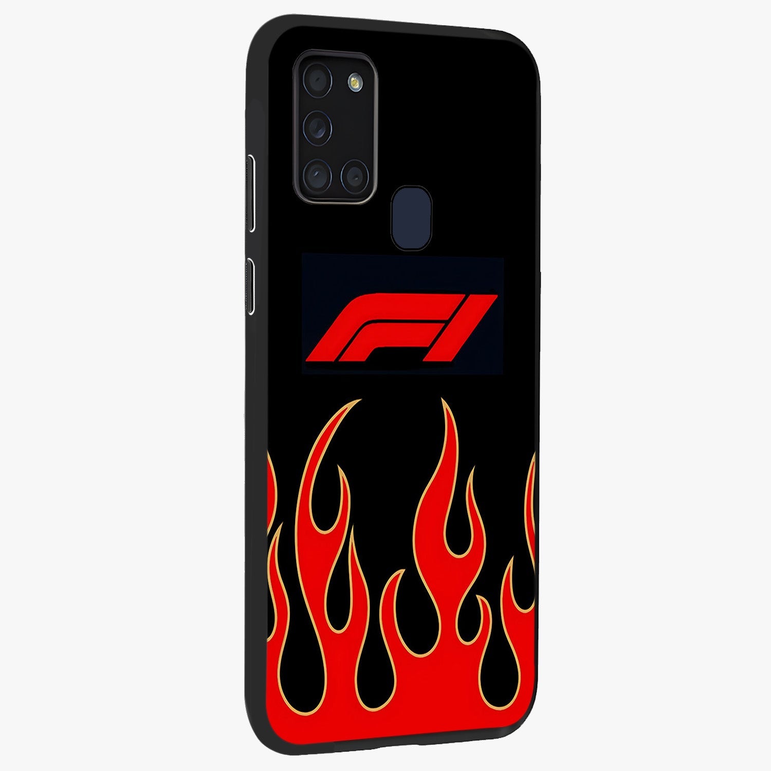 Fire F11 Glass Case upright view showcasing dynamic flame artwork with intense visual theme.