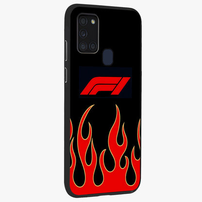 Fire F11 Glass Case upright view showcasing dynamic flame artwork with intense visual theme.
