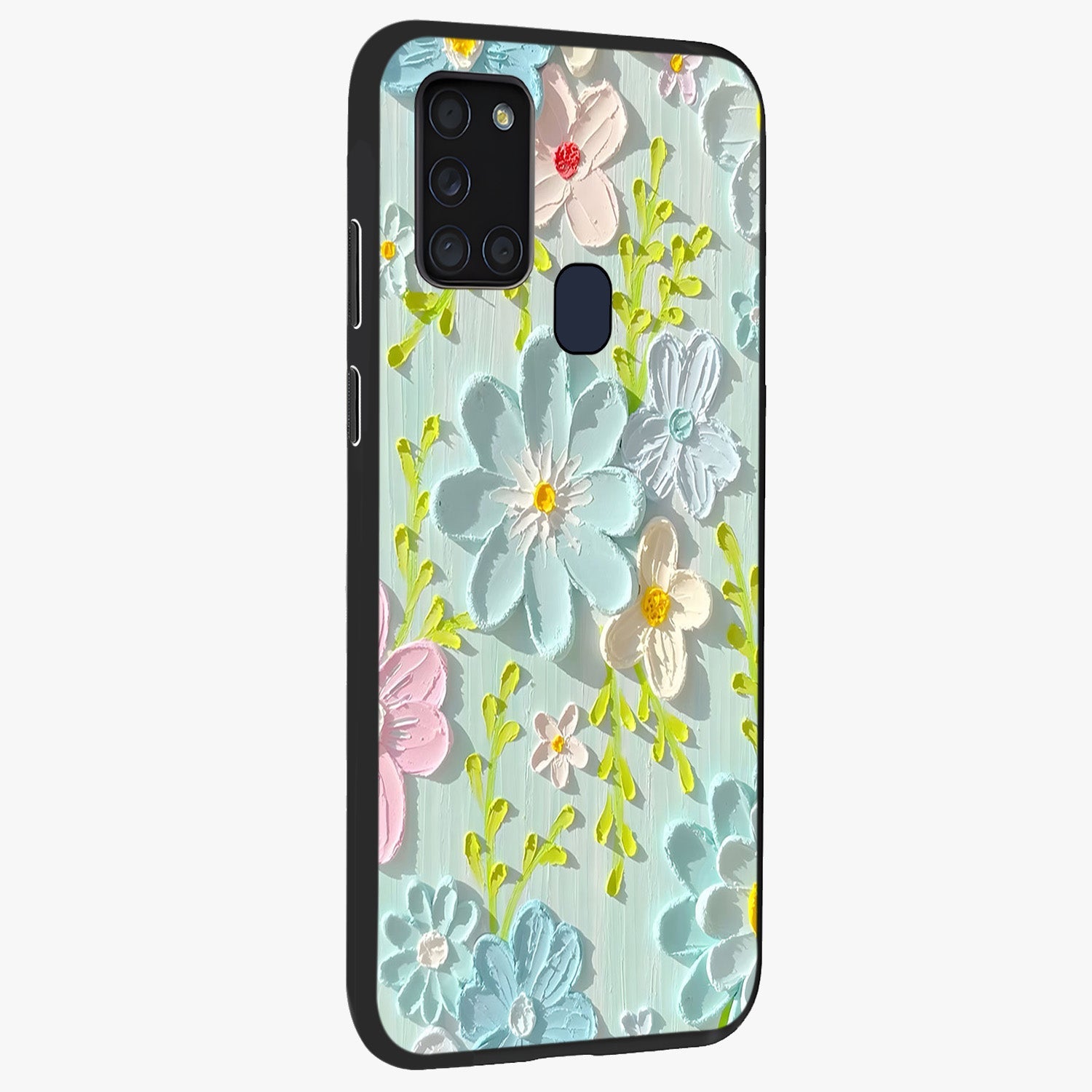 Frosted Petal Garden Glass Case upright view showcasing elegant floral garden artwork with soothing pastel theme.