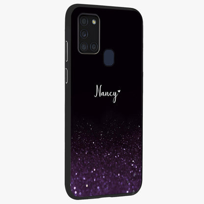 Glittery Purple Bokeh Custom Name Glass Case upright view showcasing vibrant purple sparkle artwork with personalized aesthetic style.