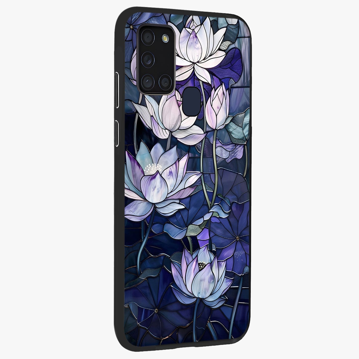 Gloss Petal Rush Glass Case upright view showcasing dynamic floral petal artwork with modern botanical theme.