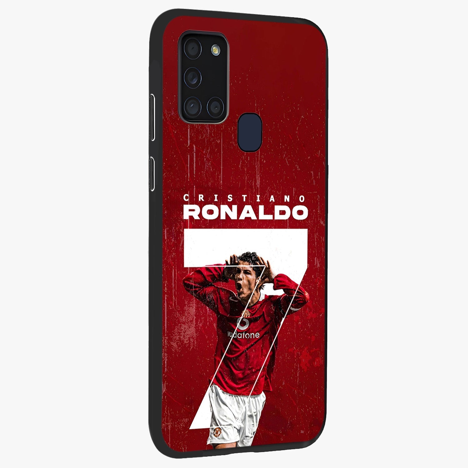 Goal Celebration Legacy Glass Case upright view showcasing dynamic football inspired artwork with victory celebration aesthetic.