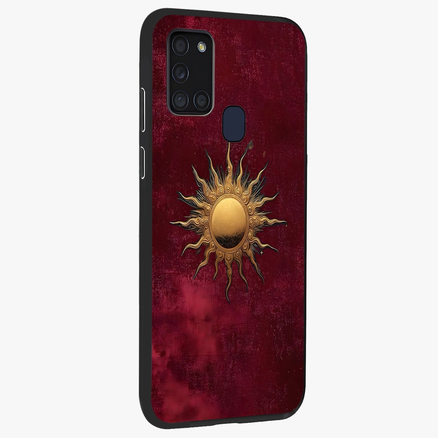 Golden Sun Minimalism Glass Case upright view showcasing simple golden sun artwork with elegant minimalist style.