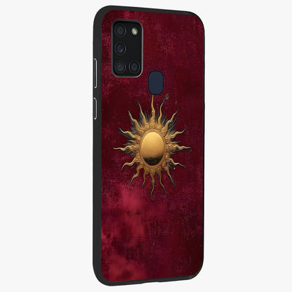 Golden Sun Minimalism Glass Case upright view showcasing simple golden sun artwork with elegant minimalist style.