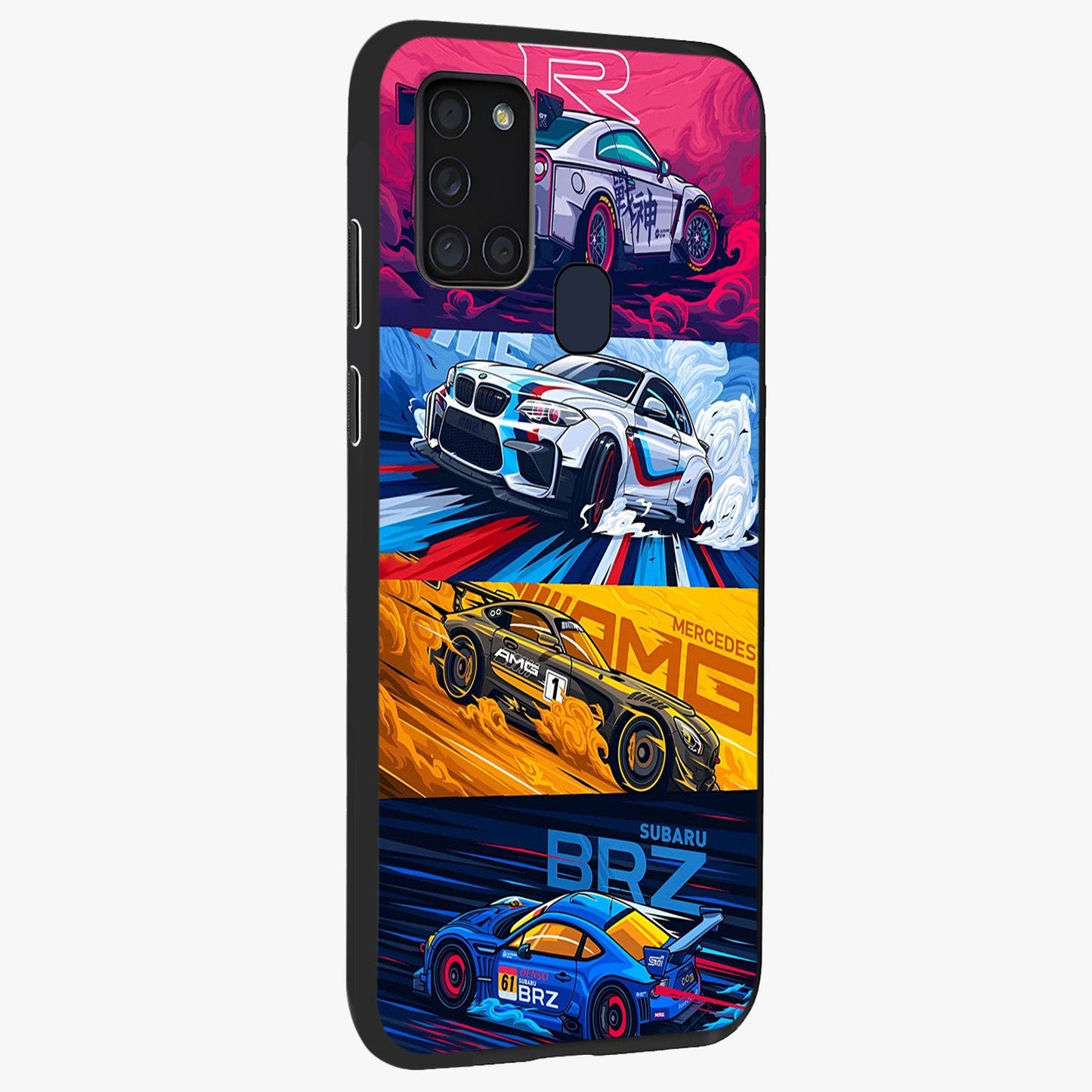 JDM Sports Car Glass Case upright view showcasing dynamic sports car artwork with bold racing theme.